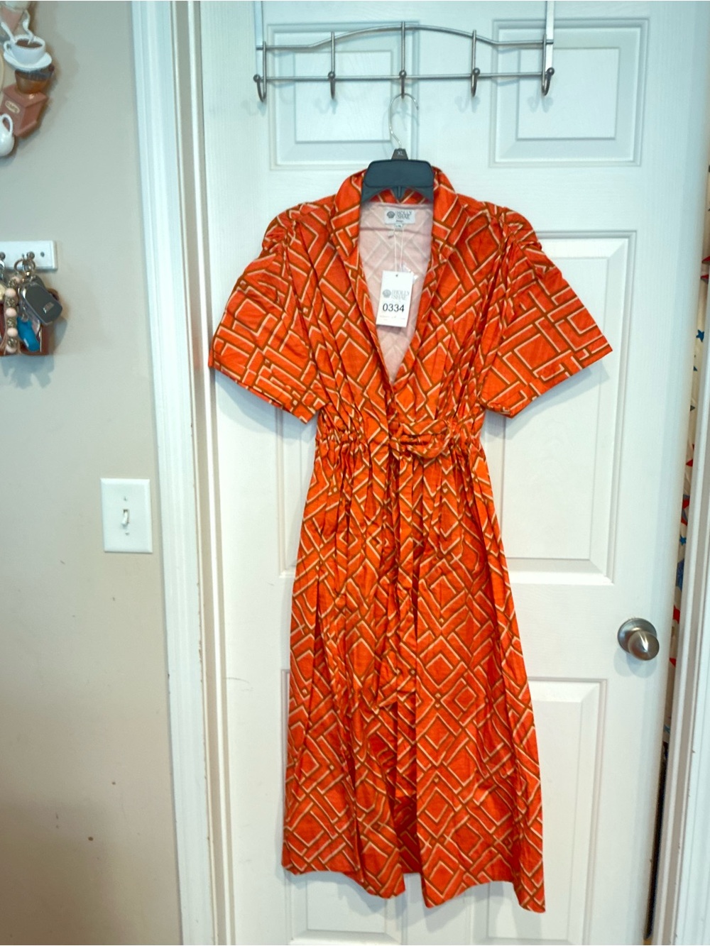 Geometric Orange Wrap Midi Dress with Waist Tie